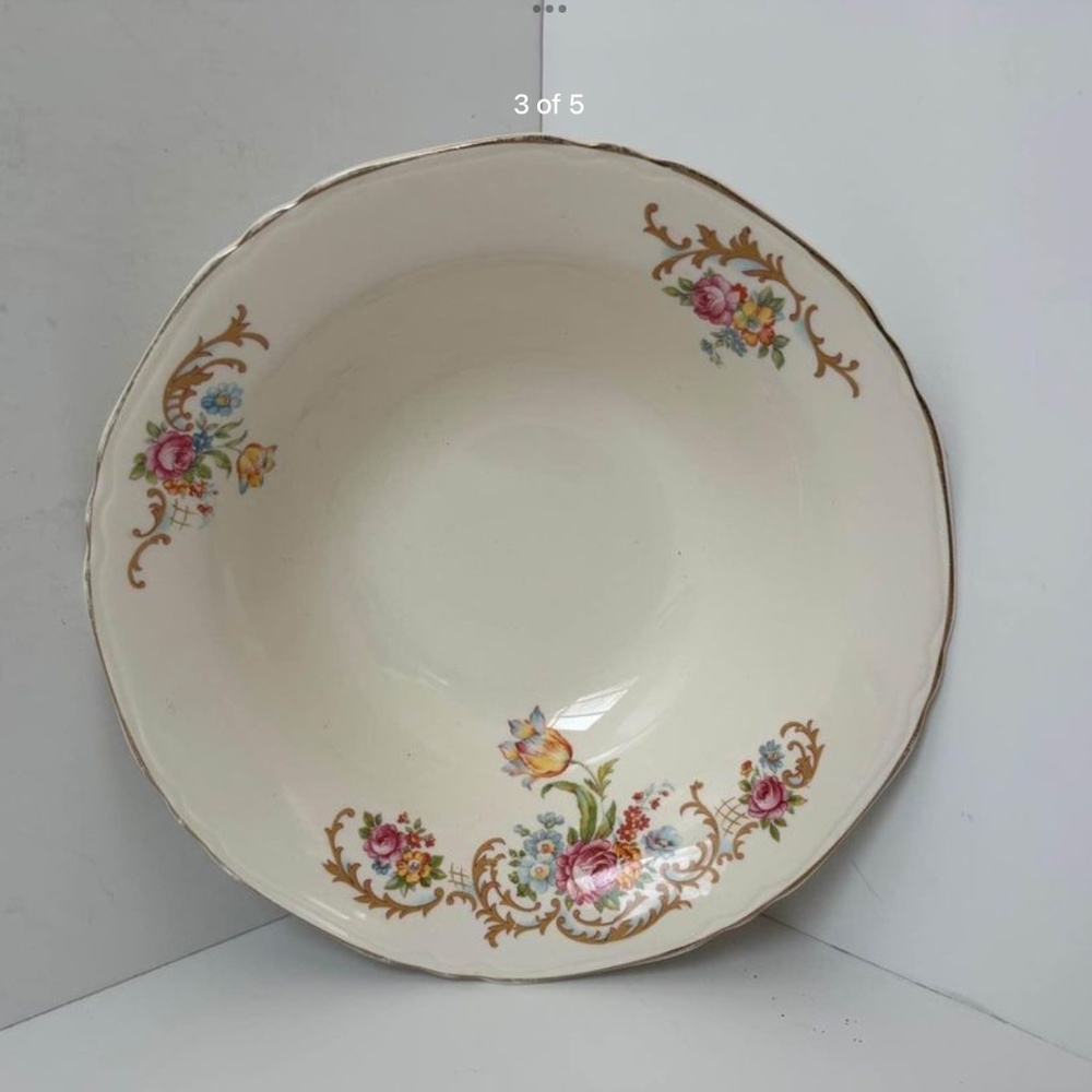 Donating Soon! Vintage Crown Potteries floral gold trimmed serving bowl